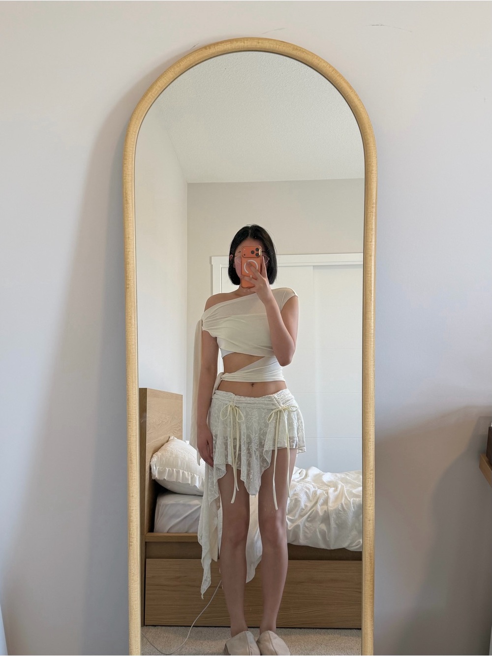 Cream Asymmetric Wrap Top and Lace Skirt Set